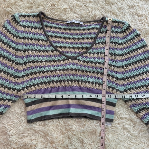 Zara striped crochet knit cropped sweater top ballon long sleeve cotton L V Neck - Picture 5 of 8